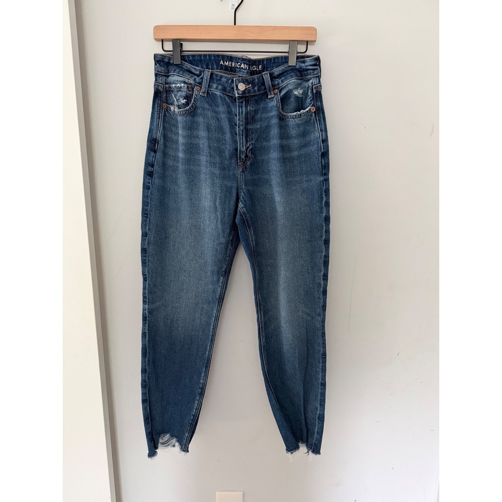 American Eagle Strigid Mom Jeans Size 8 Short Medium Wash Raw Hem Distressed
